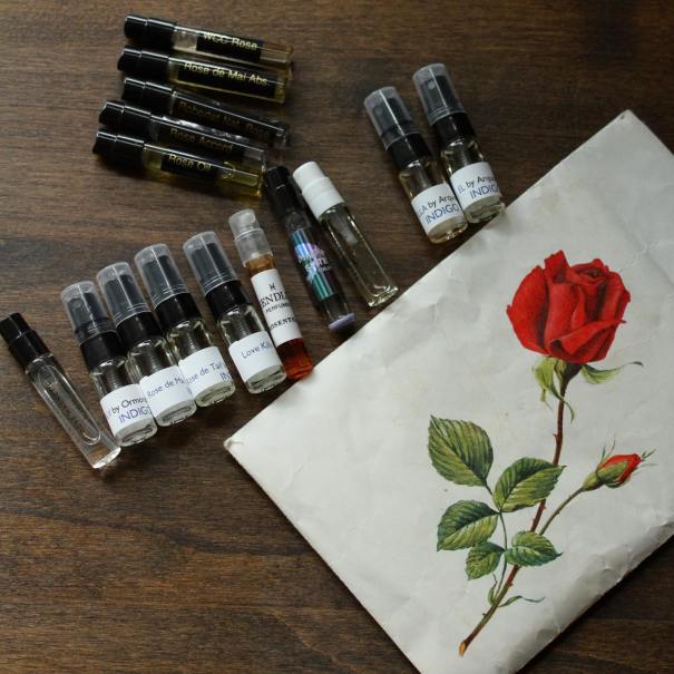 perfume samples with a vintage illustration of a rose